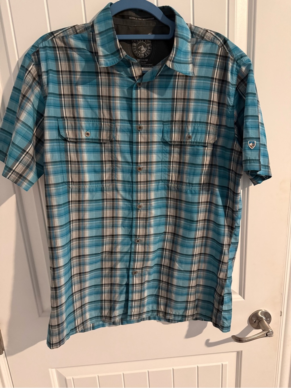 Kuhl Men's Teal and White Plaid Short-Sleeve Button-Down Shirt konvert blue